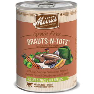 Brauts -N- Tots Canned Dog Food Case 12/13oz merrick, canned, dog food, dog, brauts n tots, brauts, tots,