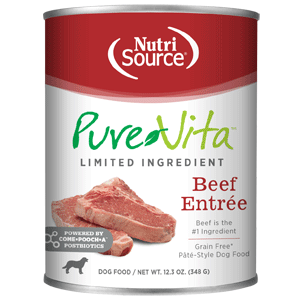 PureVita Grain Free Beef Entree Dog Food 12/12.3oz purevita, pure vita, grain free, canned, dog food, dry, beef, entree