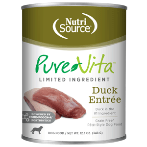 PureVita Grain Free Duck Entree Dog Food 12/12.3oz purevita, pure vita, grain free, canned, dog food, dry, duck, entree