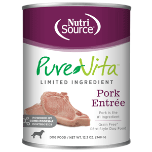 PureVita Grain Free Pork Entree Dog Food 12/12.3oz purevita, pure vita, grain free, canned, dog food, dry, pork, entree