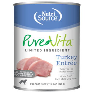 PureVita Grain Free Turkey Entree Dog Food 12/12.3oz purevita, pure vita, grain free, canned, dog food, dry, turkey, entree