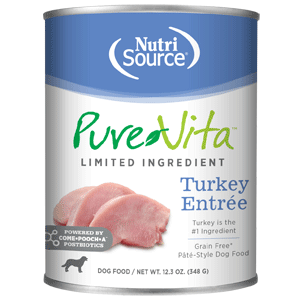 PureVita Grain Free Turkey Entree Dog Food 12/12.3oz purevita, pure vita, grain free, canned, dog food, dry, turkey, entree